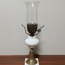 Antique Electric Key Switch Marble Brass Milk Glass Hurricane Table Lamp