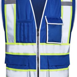 Blue Safety Vest With 10 Pockets, Zipper Front, Surveyor/Construction Reflective Safety Vests For Men & Women, High Visibility Work And Running Vest, 