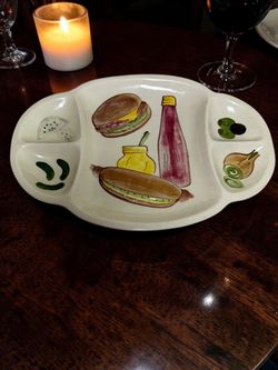 1960 Los Angeles Potteries Embossed Divided Serving  Platter Hot Dog Hamburger