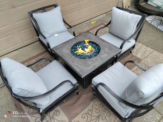 5 piece outdoor with fire pit and cushions