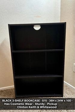 Black 3-Shelf Bookcase - 36H x 24W - $15 - Works Great, Has Wear - Quick Pickup