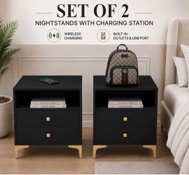 Set of 2 Nightstands with Wireless Charger Station Modern Bedside Tables K-53