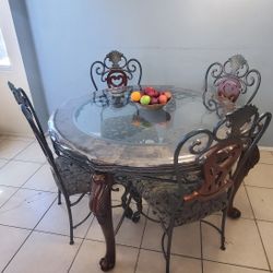 Iron Round Marble Table Top Glass Wooden Legs  4 Chairs 