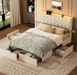 Upholstered Full Platform Bed with 4 Storage Drawers, Storage Bed with LED light & Charging Station, Velvet Tufted Headboard