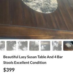 Beautiful Lasy Susan High Table W/4 Bar Stools Excellent Condition 