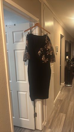 Black Midi Dress with Gold Sequin Sleeves