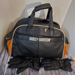 New Harley Davidson Leather Duffel Gym Bag Pair Of Men's Size Small Leather Gloves 