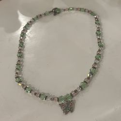 Vintage handmade green and pink beaded necklace with butterfly charm #fairycore #vintage