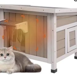 Outdoor Cat House Insulated, Winter Insulated and Thermostatic Outdoor Feral Cat House Weatherproof Solid Wood, Easy Assembly Cat Shelter with Open Ro
