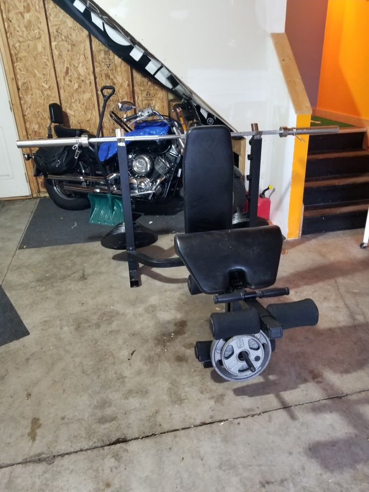 Bench Press Bar, Weight Plates, Curl Bar, Marcy 758 Bench