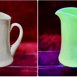 Antique Northwood Swirl Custard Glass Pitcher Uranium Glow EAPG 7" Optic Swirl