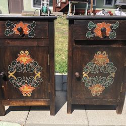 Hand Etched Painted Vintage Floral Nighstands