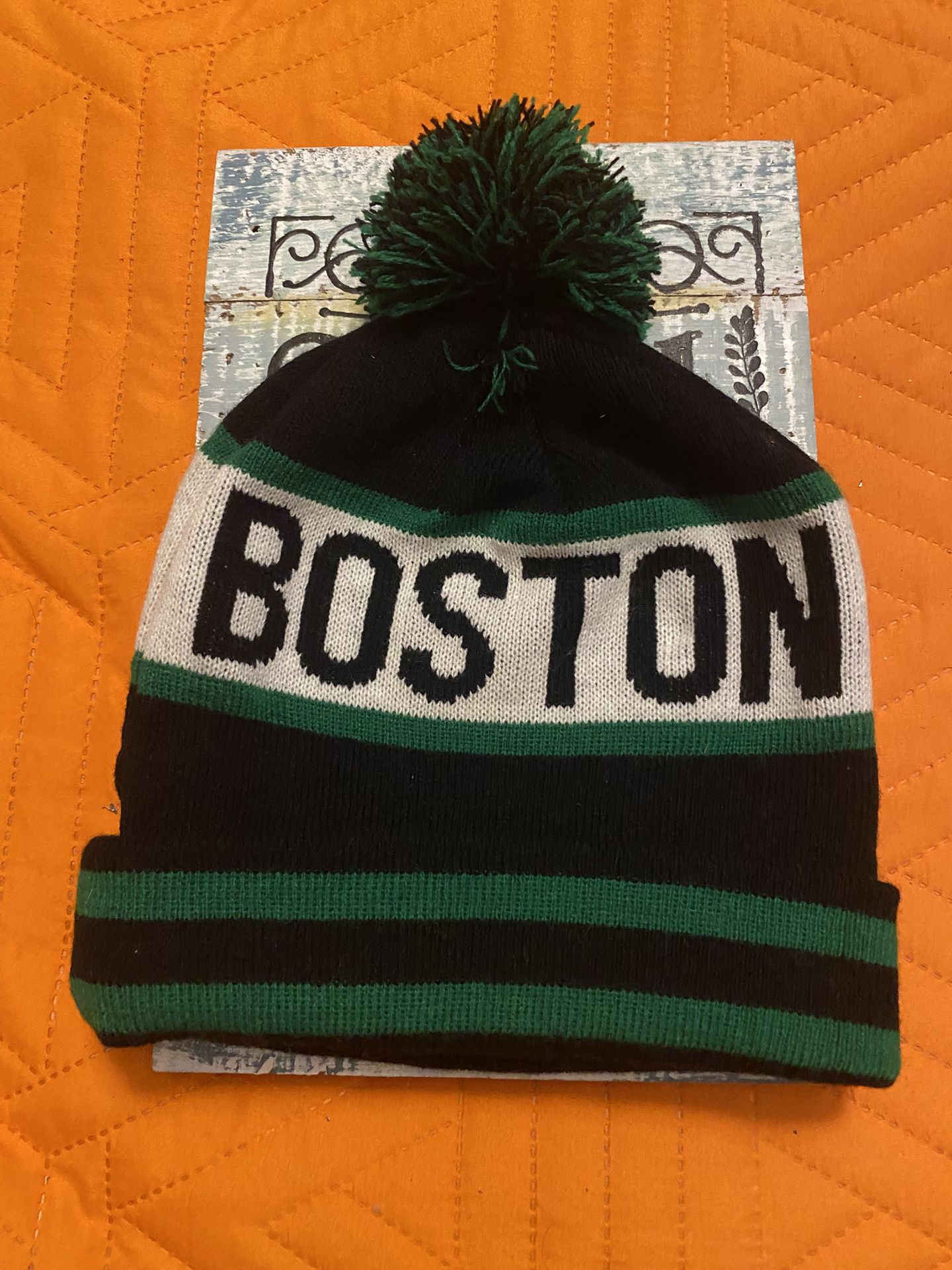 Boston Knit Pom Beanie Hat Green/White/Black Striped Winter Cap