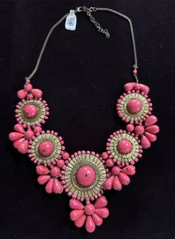 Coral pink and gold Aztec Bib statement Necklace Distressed Hobo