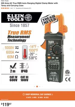 Klein Tools 600 Amp AC True RMS Auto-Ranging Digital Clamp Meter with Temp and Carrying Case