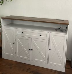 55” White Buffet Cabinet with Storage, Power Outlet & LED Light Strip – Excellent Condition