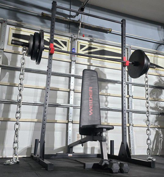 [FREE DELIVERY] + SQUAT RACK + ADJUSTABLE BENCH + OLYMPIC WEIGHT PLATES + OLYMPIC BARBELL