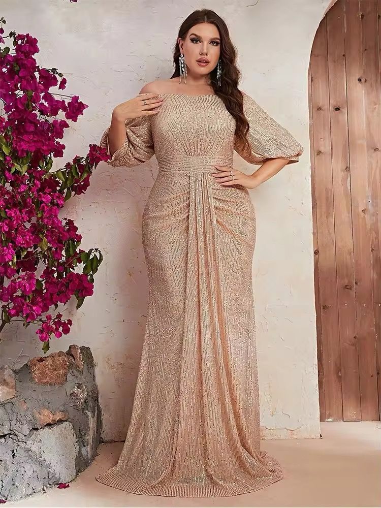 Same Day Shipping - Bedazzled Plus Size Champagne Sequin Brush Train Dress (2X)