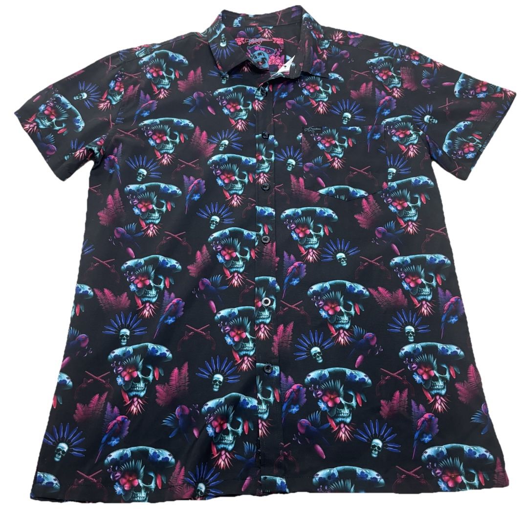 Retro Rifle Shirt Blackbeard Pirate Men L Skull Floral Button Down Stretch Polo