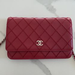 Authentic Chanel Pink Quilted Lambskin Leather Wallet on Chain Woc Messenger Bag