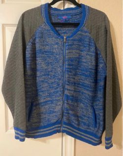 Blue and Gray Zip-Up Knit Sweater Jacket