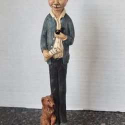 1992 Handmade Resin Figurine Man w/ Paper Pipe And Dog Very Detailed 7.5" Tall