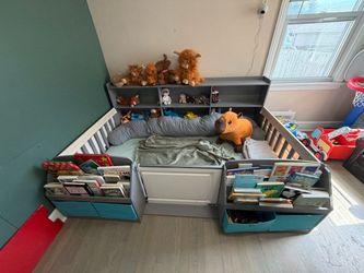 Kids Toddler Bed Frame with Storage and Bookshelf