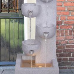 Morden Tiered Outdoor Water Fountain with LED Lights, 28 Inches Tall Resin Cascading Waterfall Feature for Garden, Patio, and Yard Decor