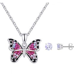 Crystal Collective Fine Silver Plated Purple Stud Earring Butterfly Necklace set  Pretty lavender crystal stud earrings pair with a vibrant butterfly 