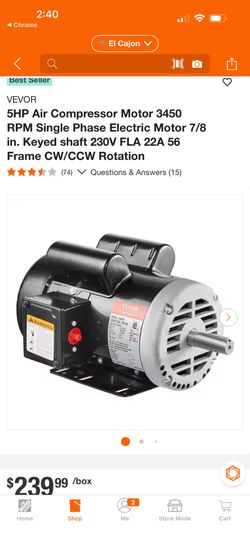 VEVOR 5HP Air Compressor Motor 3450 RPM Single Phase Electric Motor 7/8 in. Keyed shaft 230V FLA 22A 56 Frame CW/CCW Rotation