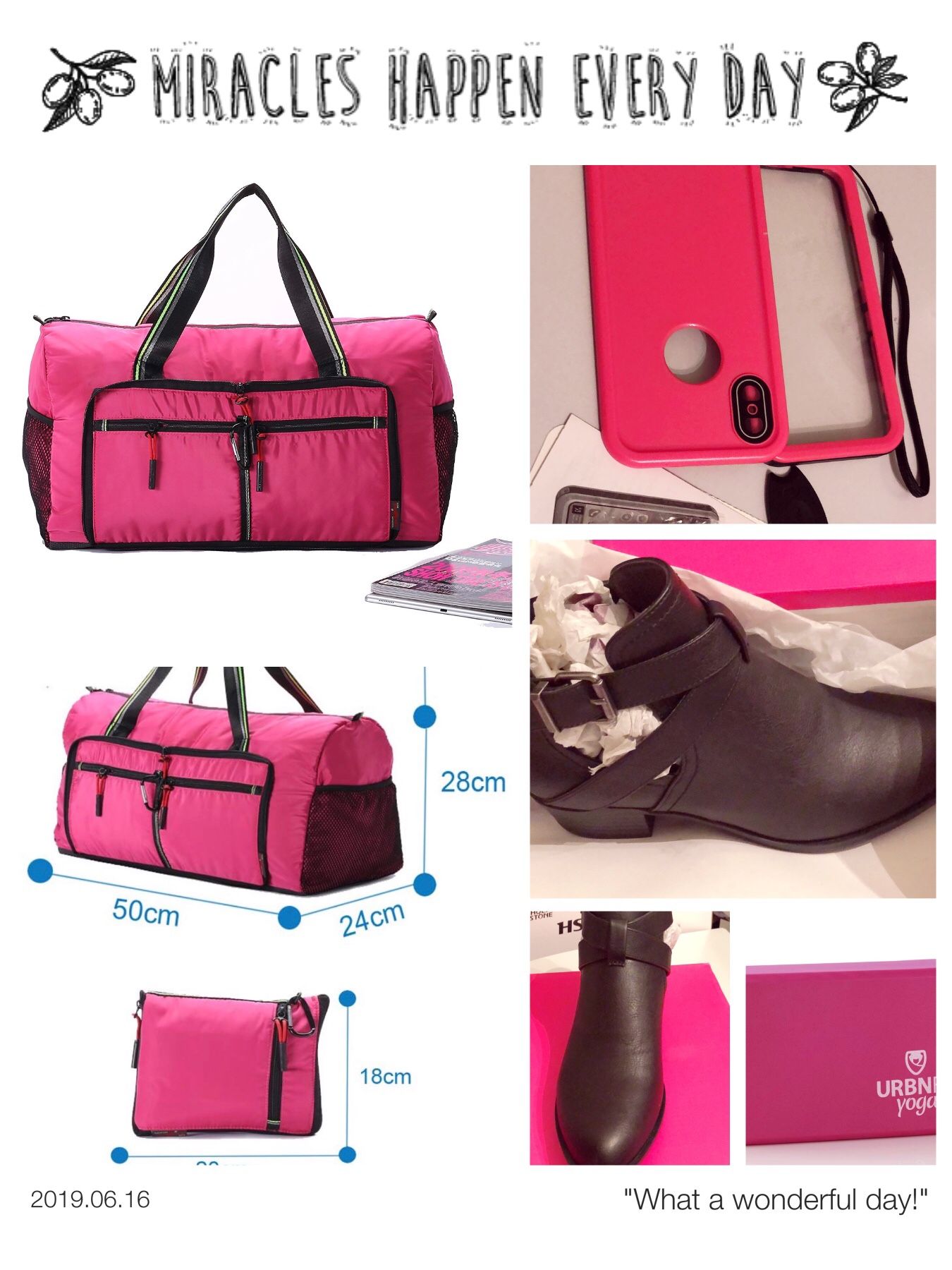 PINK/duffle bag/gym bag,iphone case x/10,yoga block,and pair of women’s leather ankle booths(size-6