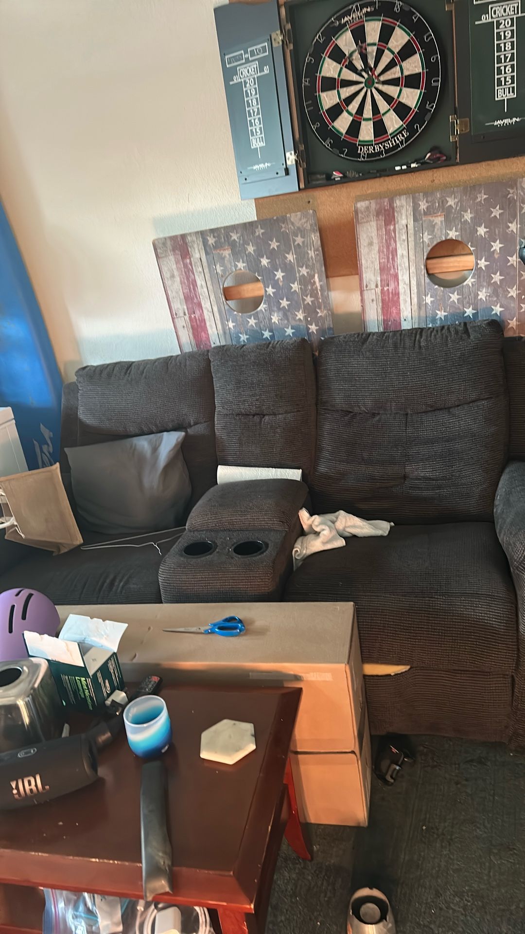 Couch with two recliners and center storage