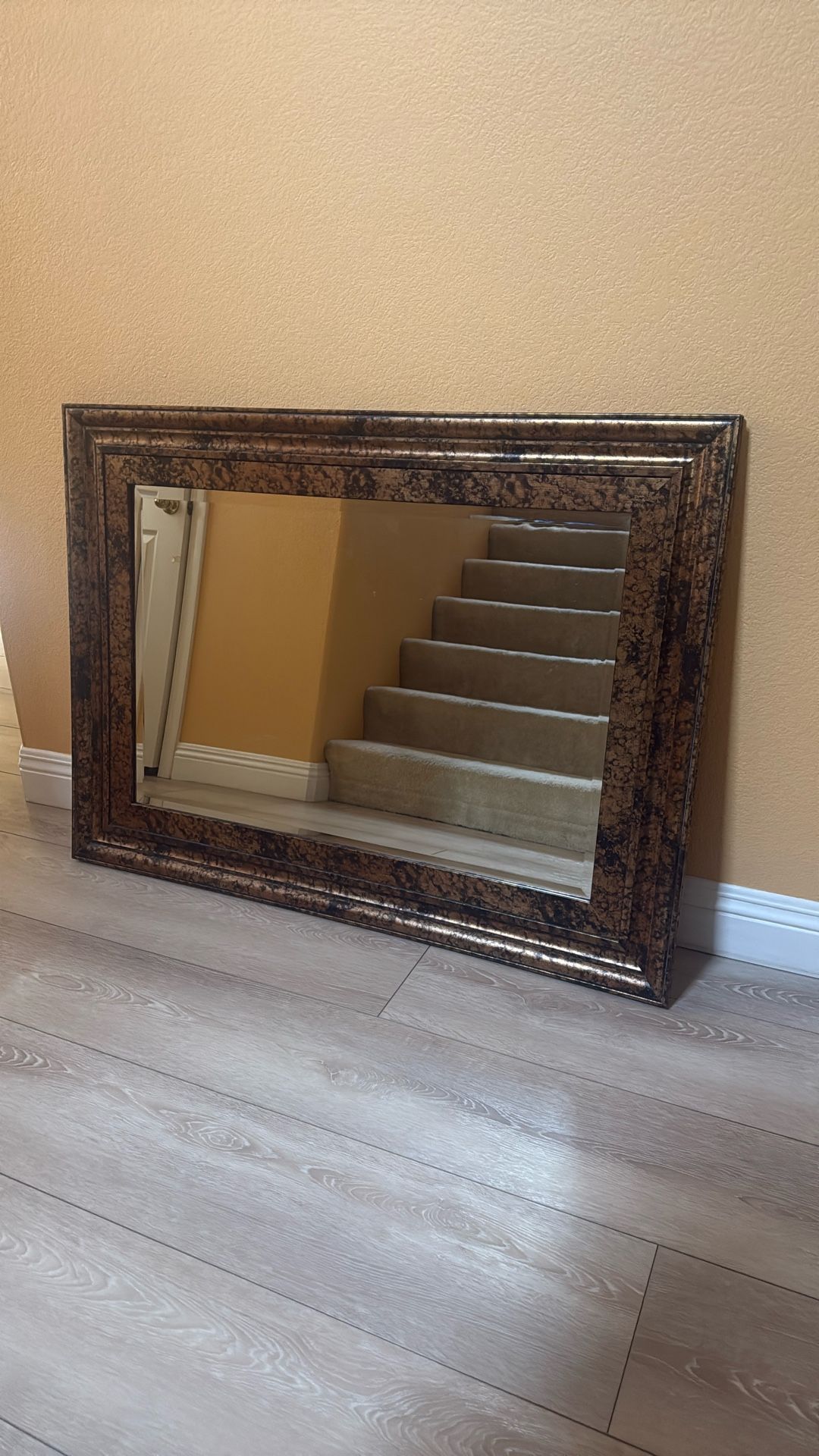 Framed Beveled Mirror with Ornate Mottled Bronze/ Brown Frame 