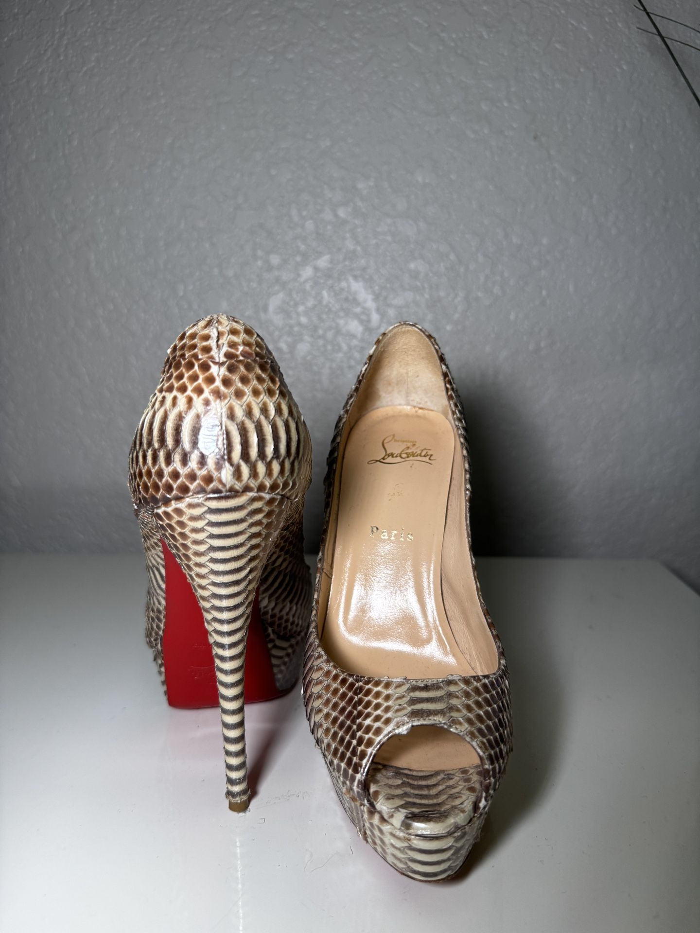 Christian Louboutin Snakeskin Peep-Toe Heels - Size 37
