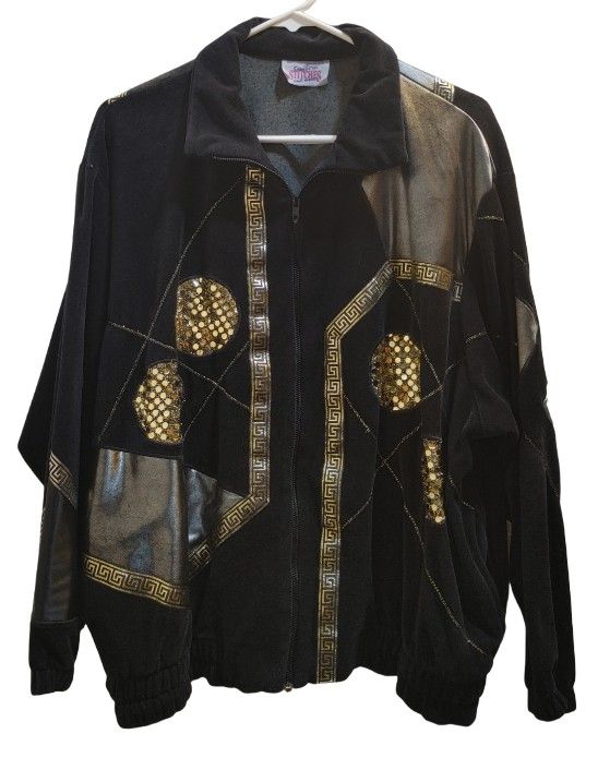 Vintage 80s - 90s Southern Stitches Black & Gold Velour Velvet Style Windbreaker Track Suit Bomber Jacket

