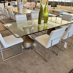 Comtemporary Glass Top And Walnut Dining Table ( Solid Wood Double Pedestal)