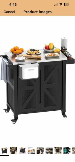 Outdoor Grill Cart with Stainless Steel Tabletop, Outdoor Kitchen Island with Storage Cabinet, Grill Cart with Folding Trash Can, 4 Wheels (2 Lockable