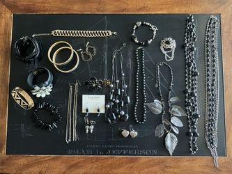 20 Pieces Of Costume Jewelry Mostly Black & Gold Tones 1 Signed. Lot #5