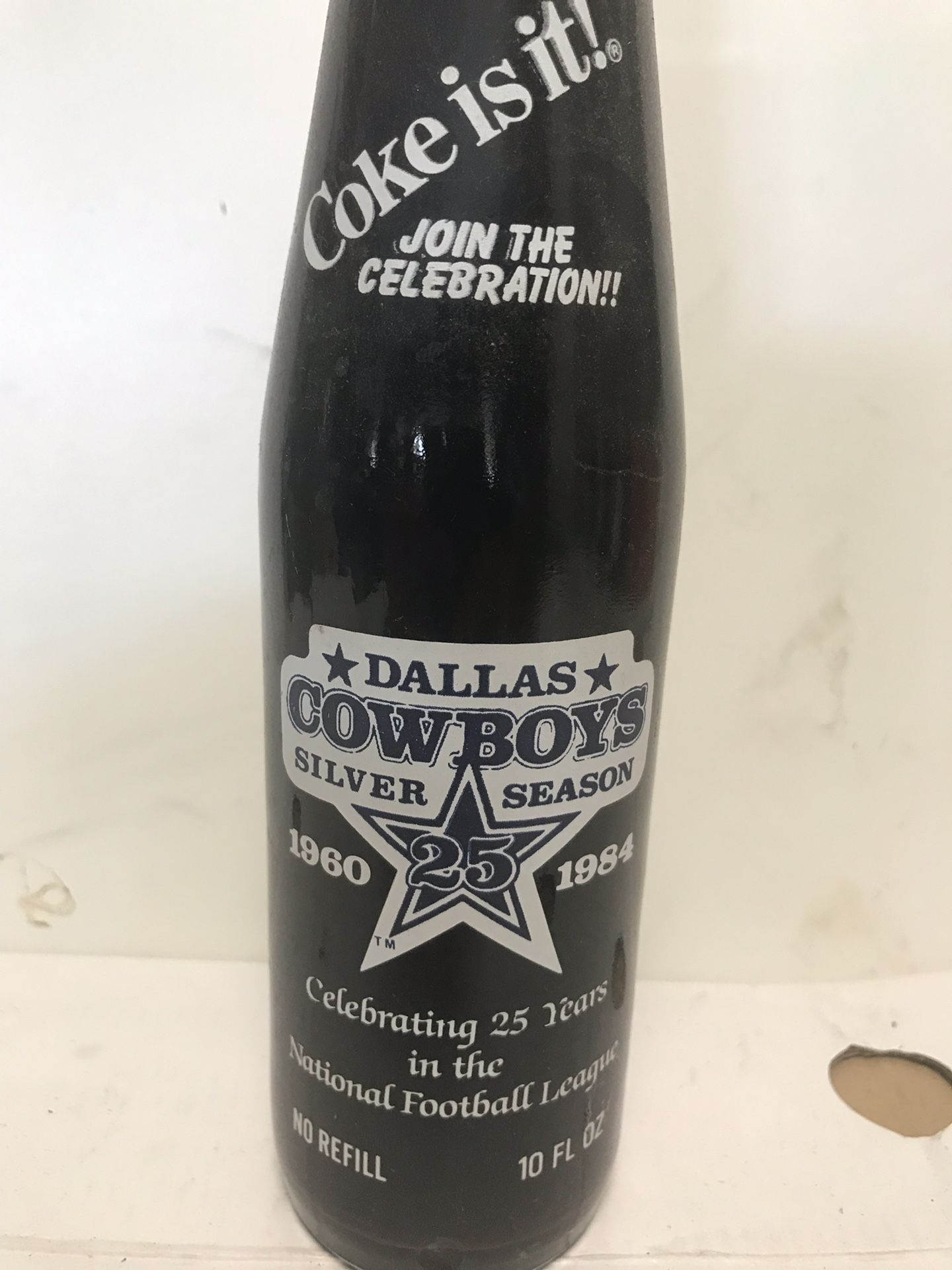 1984 Coke bottle celebrating the Dallas Cowboys Silver season from 2960-1984. It’s a 10 oz full coke bottle for every Dallas fan out there.