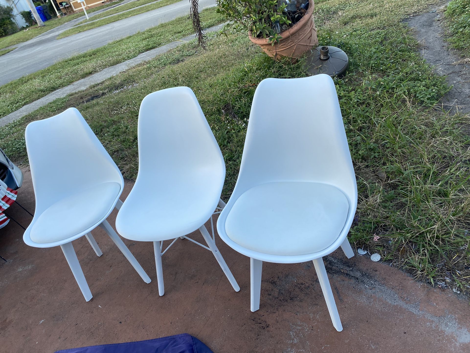 3 Dining Chairs, Shell Lounge Plastic Chair with Natural Wood Legs (White)