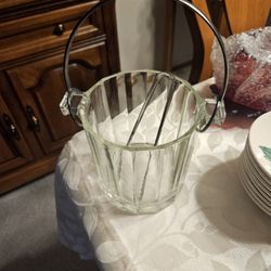 Pressed Clear Glass Ice Bucket w/ Metal Swing Handle