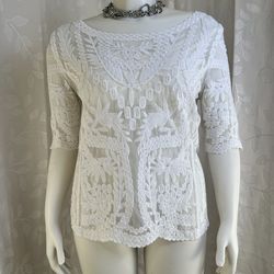 Laundry by Shelli Segal White Embroidered Lace Mesh Top XL Boho Sheer Coastal