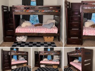 Dark wood twin-over-twin  bunk bed with draws