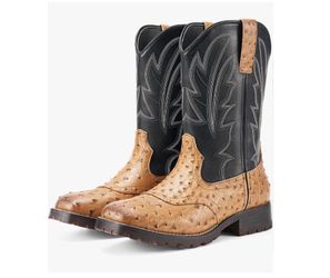 Size 13 Cowboy Boots for Men Western Boots Men's Square Toe Chunky Heel Mid-Calf Boots Classic Embroidered Pull On Boots