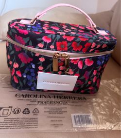 New Carolina Herrera Floral Makeup Bag Zippered Cosmetic Case w/ Handle