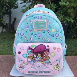 DISNEY LOUNGEFLY ALICE IN WONDERLAND MAD HATTER AND MARCH HARE TEA PARTY MINI BACKPACK 