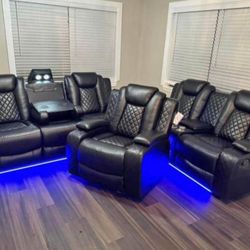 JH-$39 Down Payment For Financing Orion Black Leather Power Reclining Sofa, Loveseat And Recliner Chair Home Theater Seating 
