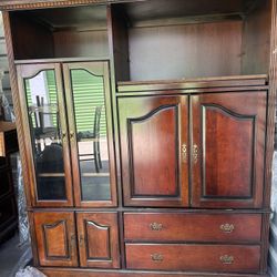 Vintage Solid Wood Wall Unit /Hutch - Glass Doors, Drawers & Storage