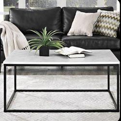 New Modern Coffee Table White Marble (Faux) with Black Metal Base