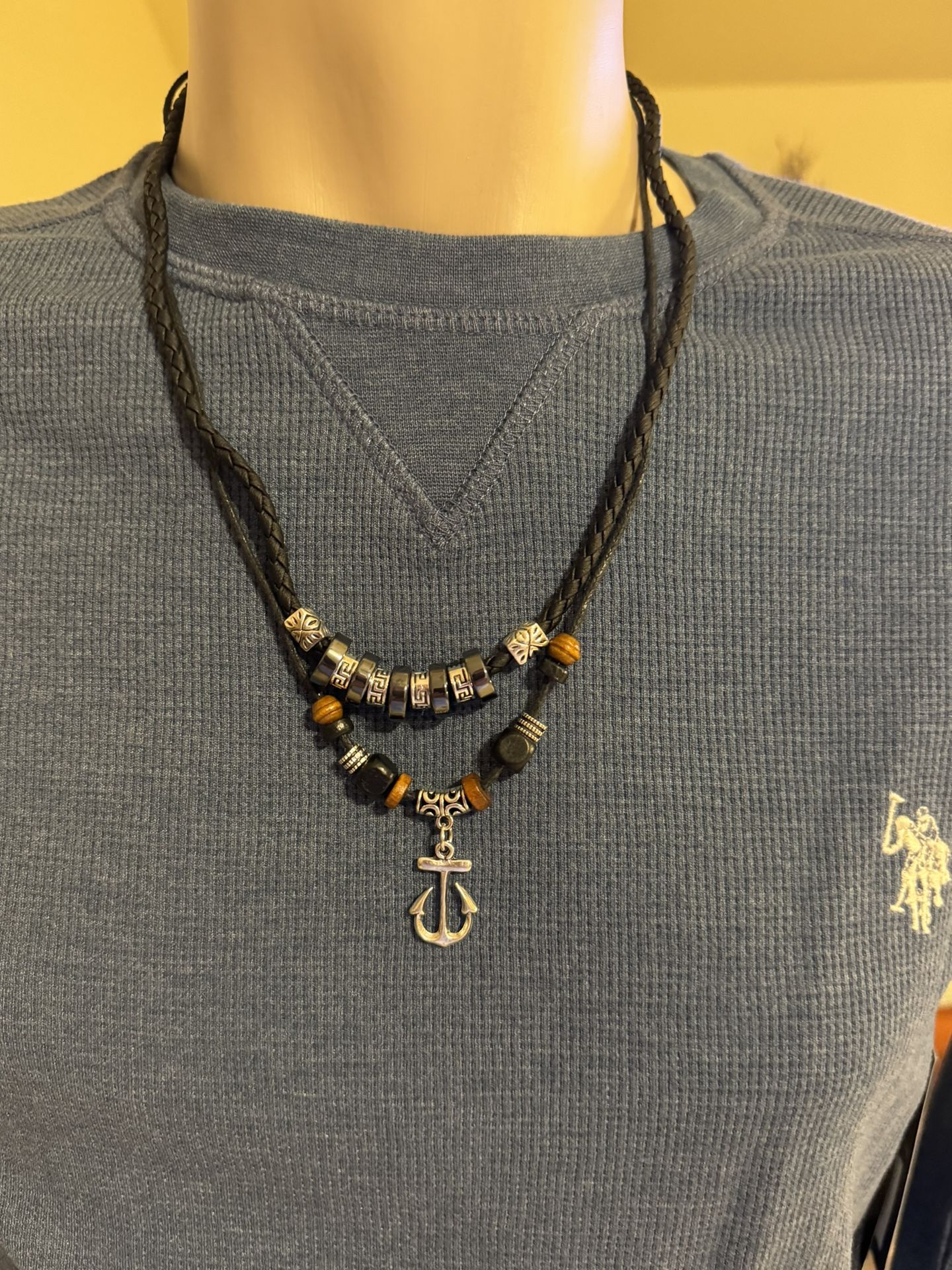 153-PCT New Double Layer Leather Achor Bohemian Wooden Bead Adjustable Choker